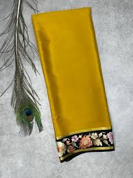 Mustard yellow black pure Mysore crepe silk saree