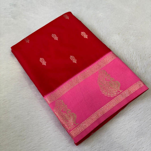 Red & Pink Banarasi Contrast Silk Saree