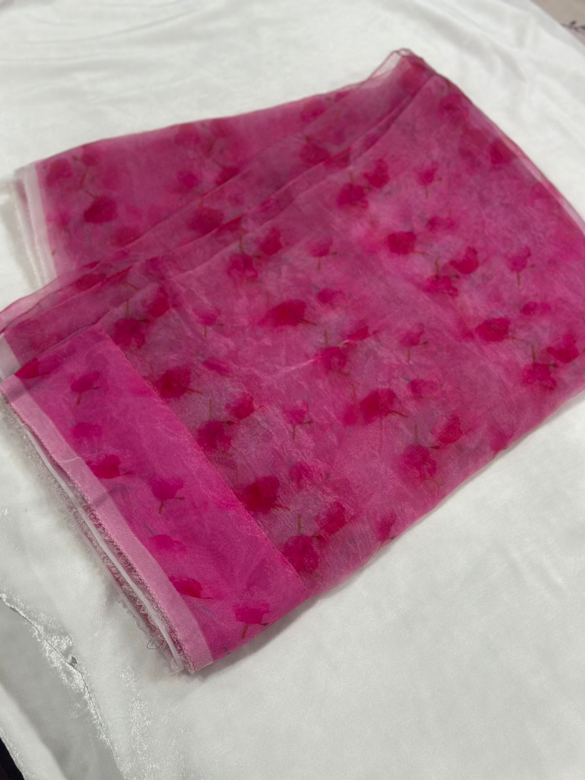 Pink Floral Print Organza Saree