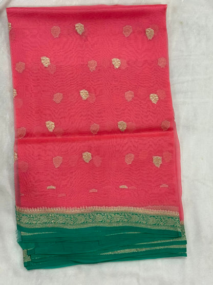Kora Organza with Contrast Green  Boarder