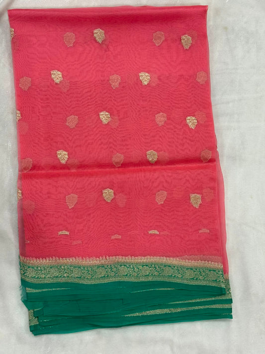Kora Organza with Contrast Green  Boarder