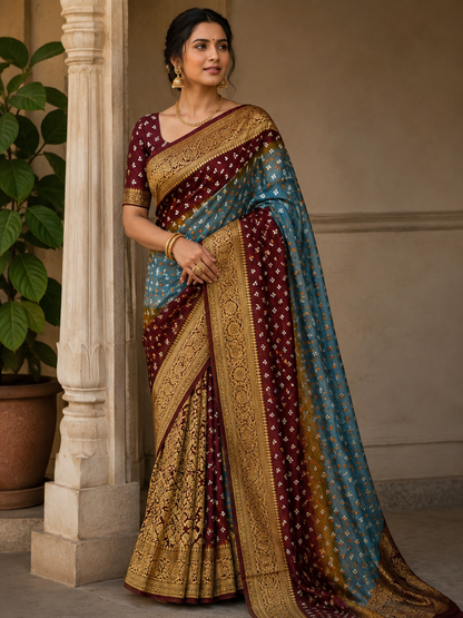 Dual color Bandhani Saree
