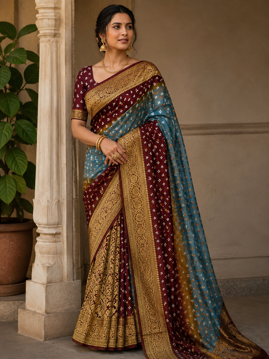 Dual color Bandhani Saree