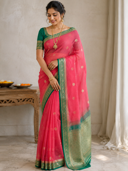 Kora Organza with Contrast Green  Boarder